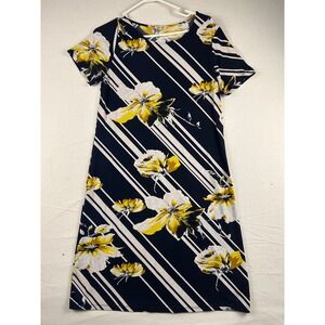 Ellen Weaver Womens Navy Blue Yellow Floral Striped Short Sleeve Shift Dress M